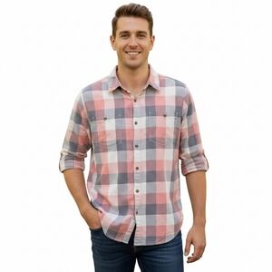 Carhartt Men's Casual Plaid Long Sleeve Button Down Shirt in Pink and Gray